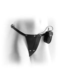Black bondage panty with leather-like leg straps and attached hand cuff
