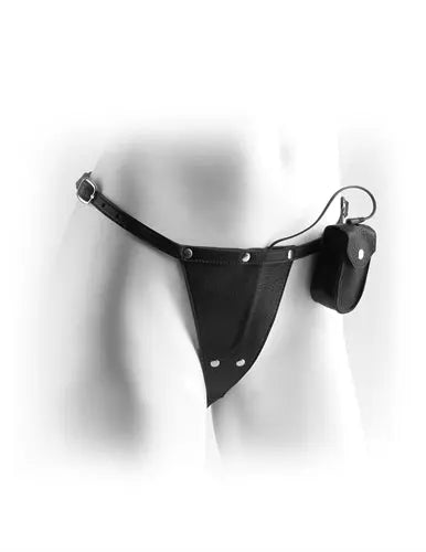 Black bondage panty with leather-like leg straps and attached hand cuff