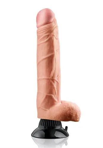 Flesh-colored realistic 9-inch sex toy with textured shaft and rounded base