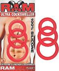 Red inflatable cock rings with two circular openings and textured rim