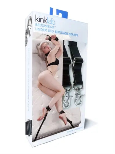 Bondage straps set for under bed, shown in retail package with black straps