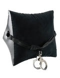 Black padded position restraint with adjustable strap and metal handcuffs