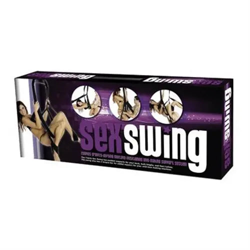 Sex swing packaging box with purple graphics and three circular product photos
