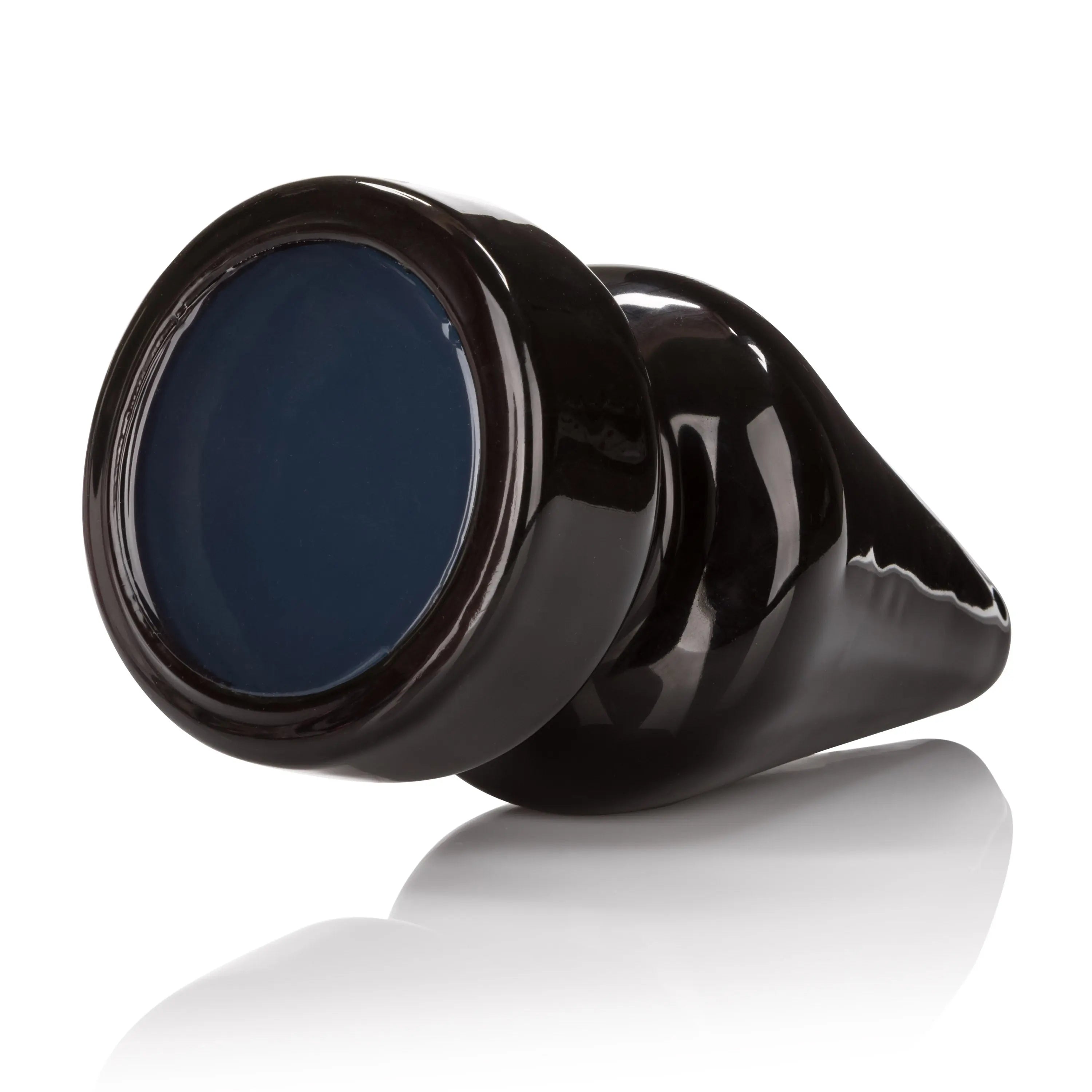 Black glossy butt plug with flared base and rounded tip