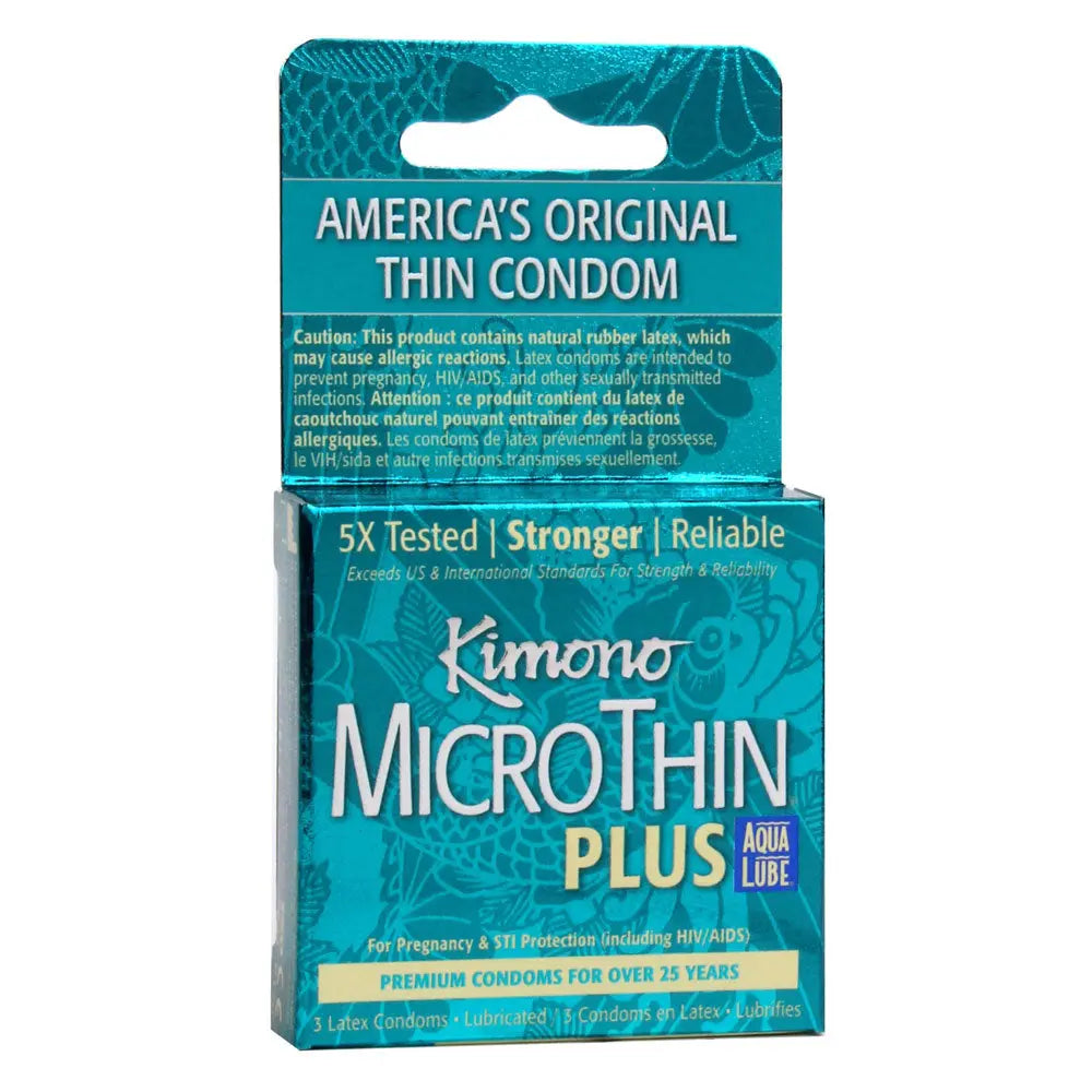 Kimono MicroThin Plus AquaLube thin condom box, teal blue package with front logo