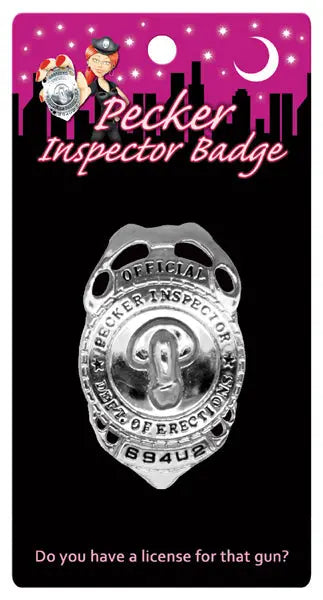 Silver round inspector badge with central emblem, OFFICIAL text, and top hole.