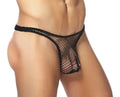 Black stretch net thong with elastic waistband and scalloped leg openings