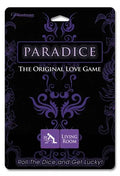 Paradice love game board, black box with purple title and Living Room logo