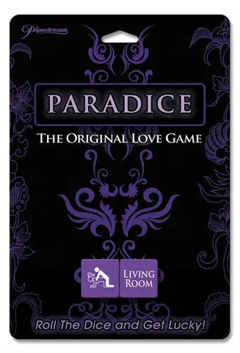 Paradice love game board, black box with purple title and Living Room logo