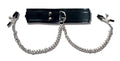 Black leather collar with metal O-ring buckle and chain nipple clamps