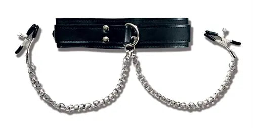Black leather collar with metal O-ring buckle and chain nipple clamps
