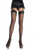 Black fishnet thigh-high stockings with lace top