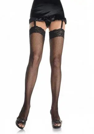 Black fishnet thigh-high stockings with lace top