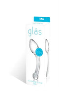 Clear glass anal slider, curved shape, shown in retail packaging