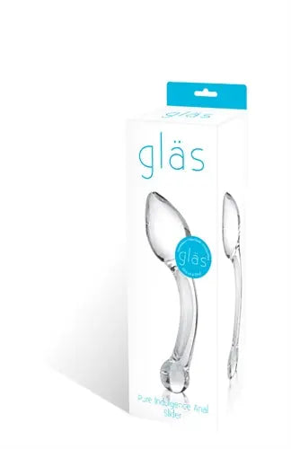 Clear glass anal slider, curved shape, shown in retail packaging