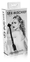 Adjustable handcuffs with black wrist straps on branded product box