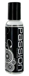 Silicone lubricant bottle with black cap, clear liquid, Passion Premium label
