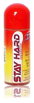 Red and yellow Stay Hard spray can with pump top