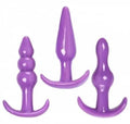 Purple anal play kit with three silicone butt plugs, curved bases