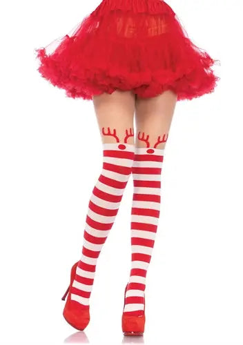 Red and white striped opaque thigh-high pantyhose with reindeer motif accent