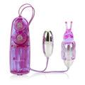 Purple dual bunny teaser toy with two upright rabbit ear tips and cord