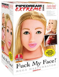 Adult novelty face massager device with blonde head model on boxed packaging