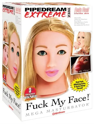 Adult novelty face massager device with blonde head model on boxed packaging