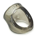 Smoke-colored metallic sling ring with open oval cutout and embossed logo