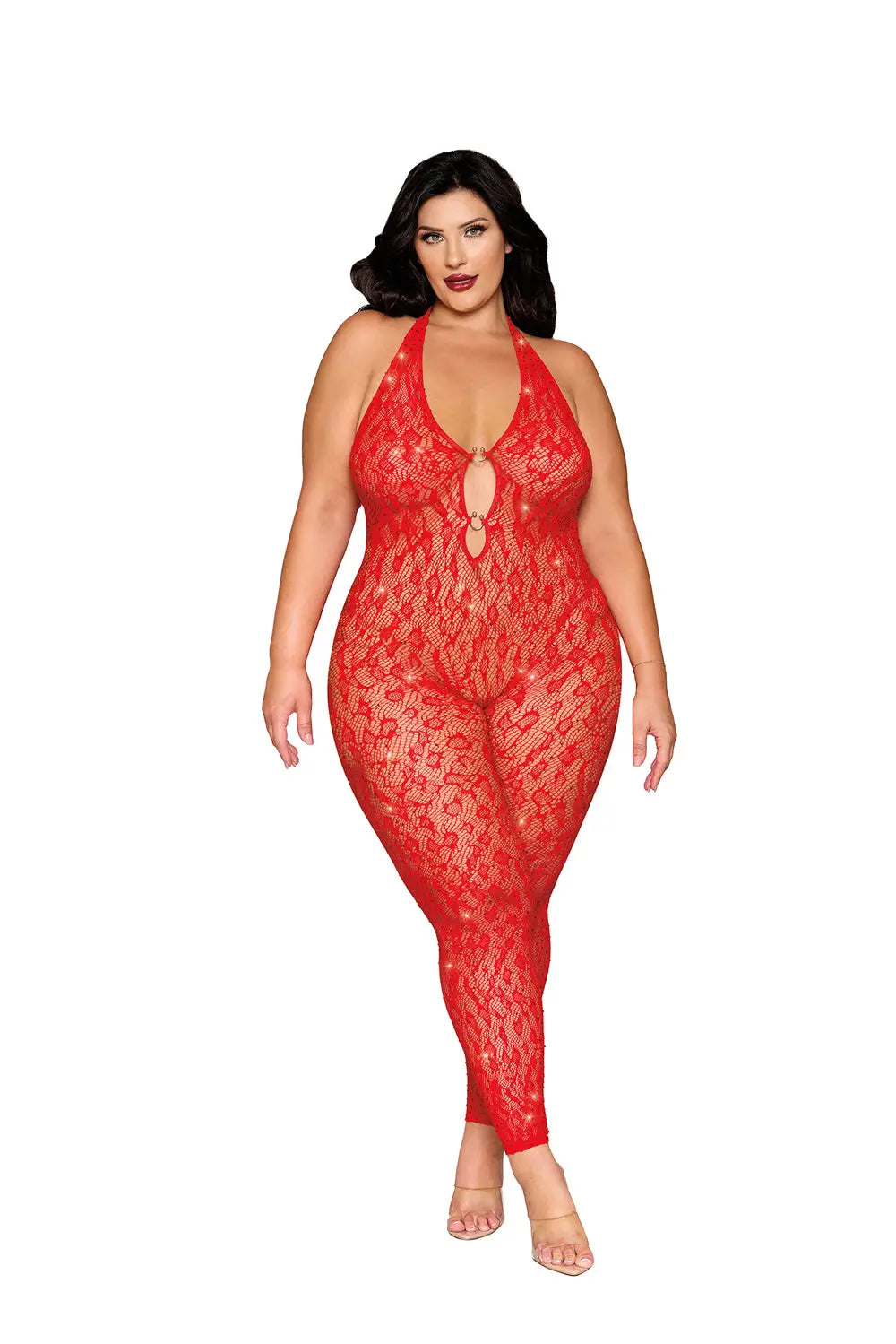 Rhinestone Bodystocking Dmnd - Queen Size - Poinsettia – nylon | Fu'Cha Exotics