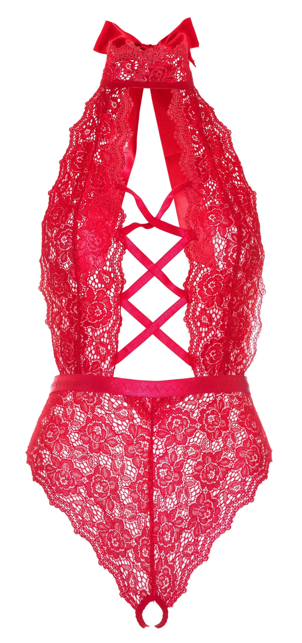 Floral Lace Crotchless Teddy - 1x/2x - Red – body-safe materials | Fu'Cha Exotics
