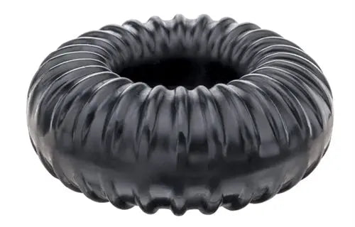 Ribbed ring with dark spiral-textured band and rounded edges