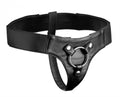 Black adjustable wide band strap harness with metal buckle and O-ring detail