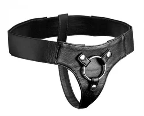 Black adjustable wide band strap harness with metal buckle and O-ring detail