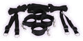 Under-bed restraint system with black fabric straps and metal clasps, multiple cuffs