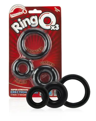 Three black elastic rings set in retail blister pack