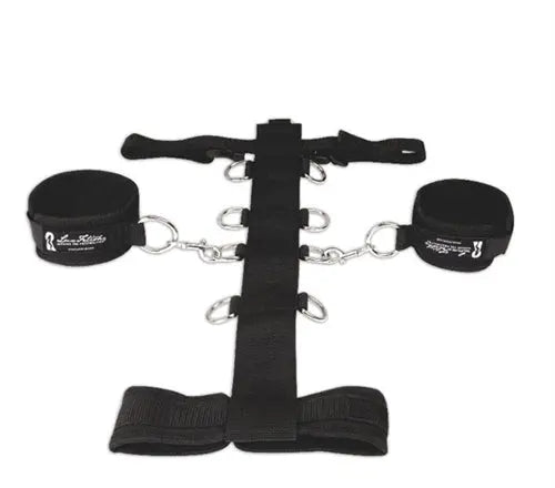 Black adjustable neck and wrist restraint set with metal rings