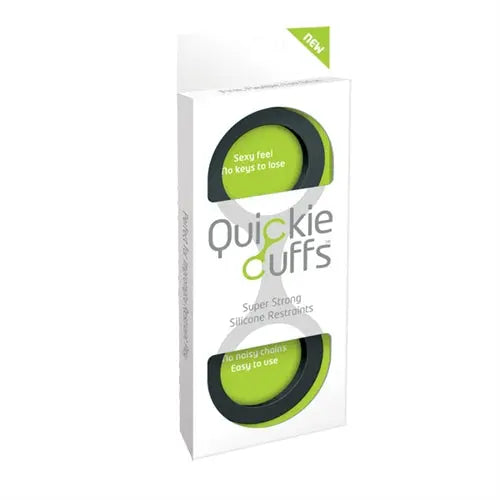 Black Quickie Cuffs restraint cuffs, large size, shown in retail package