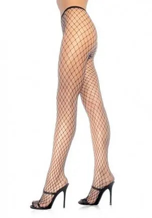 Black diamond-pattern spandex tights with sheer fishnet texture, full-length