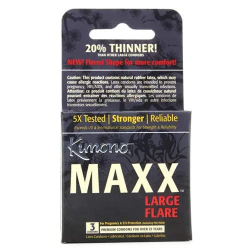 Maxx Large Flare condom pack, 3 count, sealed in black box with branding
