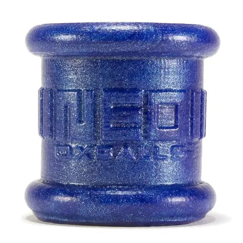 Blue silicone ball stretcher, 2 inch tall, with embossed markings
