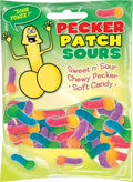 Pecker Patch sour gummies bag with colorful chewy candy pieces
