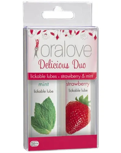 OralLove Delicious Duo lickable lube set with mint and strawberry, blister package
