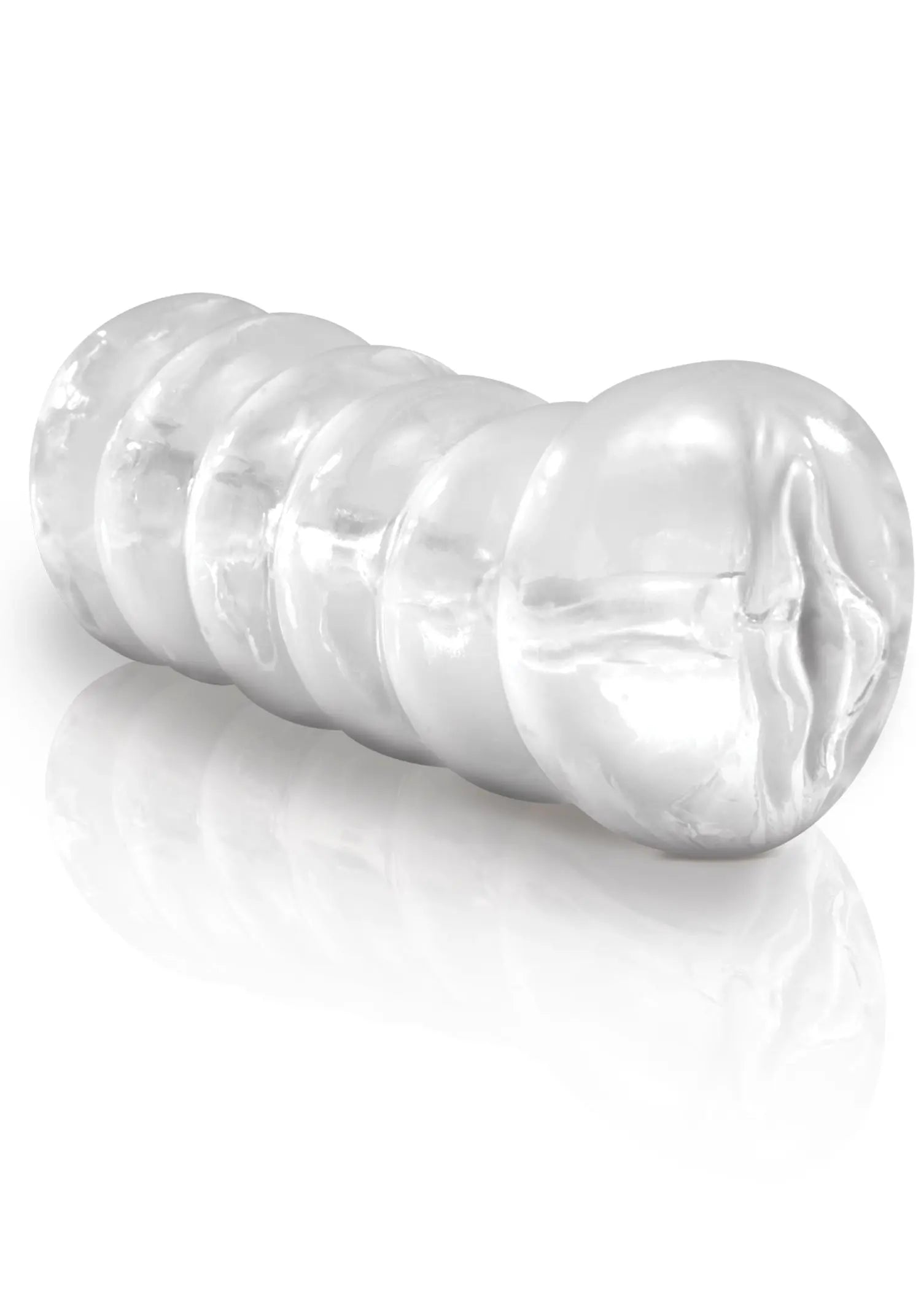 Clear transparent sex toy with ribbed shaft and rounded tip