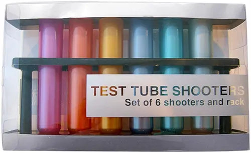 Test tube shooters set with rack, metallic colored tubes (set of 6)