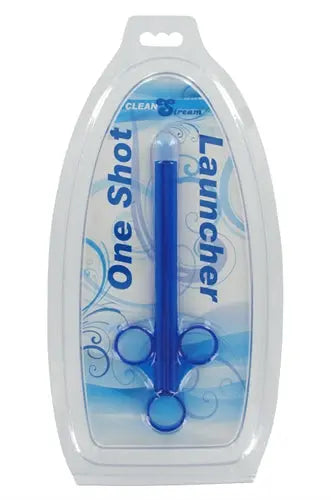 Blue handheld launcher tool in blister packaging