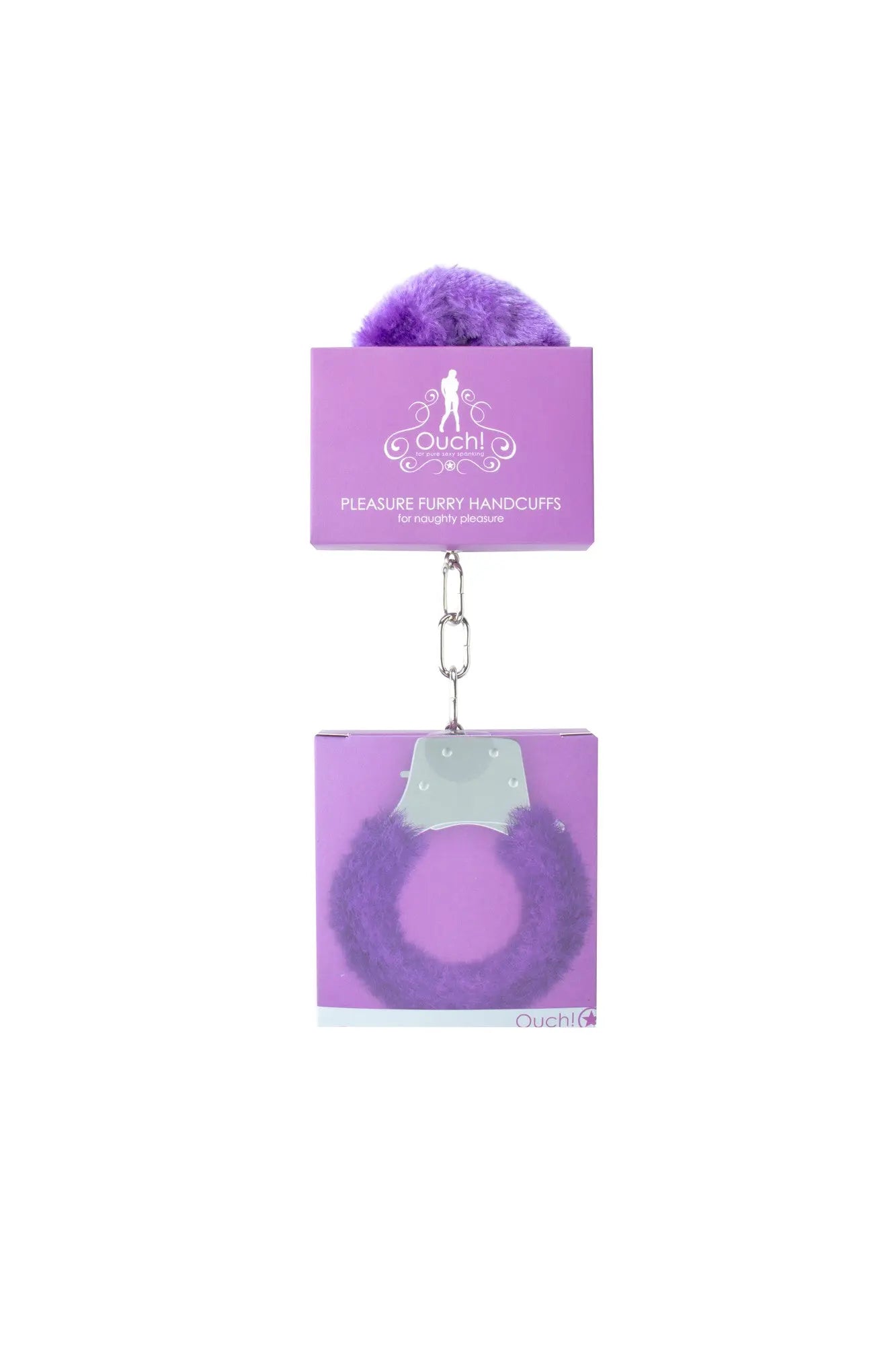 Purple furry handcuffs with short chain and metal links
