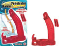 Red double-penetrator rabbit cock ring with two bullet tips and base ring