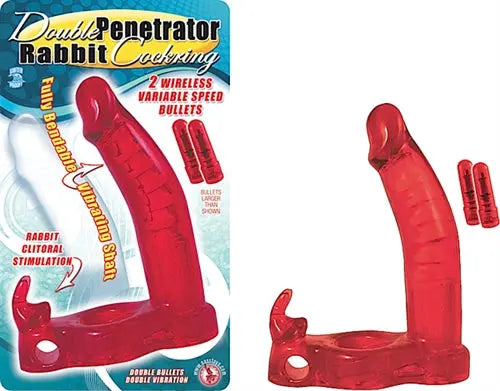Red double-penetrator rabbit cock ring with two bullet tips and base ring