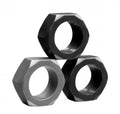 Set of three hex metal rings with circular holes, two dark and one silver