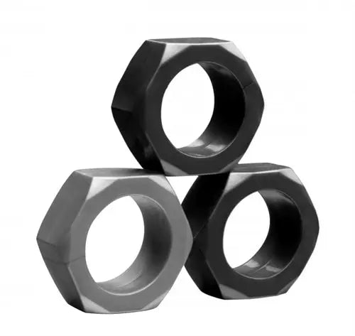 Set of three hex metal rings with circular holes, two dark and one silver
